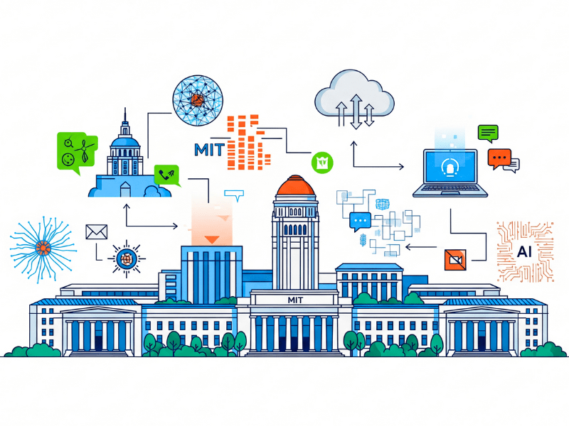 MIT campus illustration connected with AI, cloud, and online learning icons representing MIT AI course online