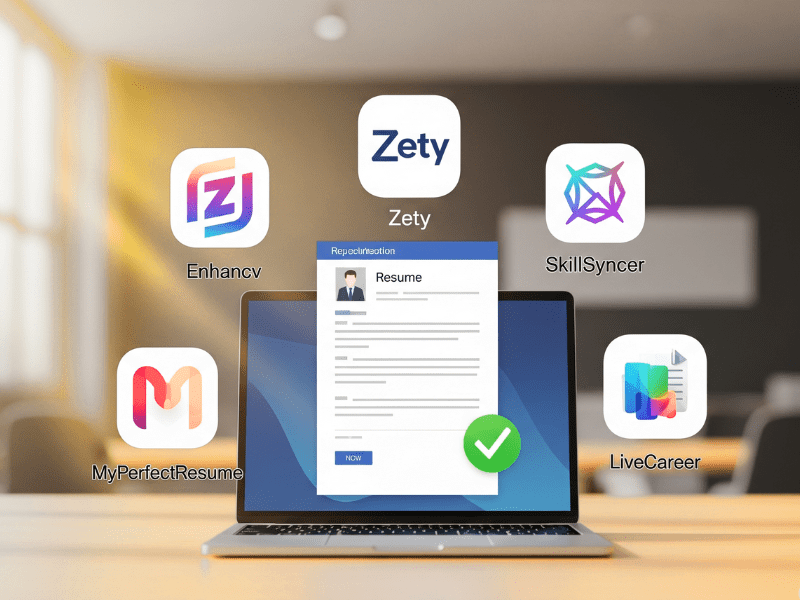 Motivational graphic featuring icons of Enhancv, Zety, SkillSyncer, MyPerfectResume, and LiveCareer, encouraging users to try the best ATS resume checker free online tools.