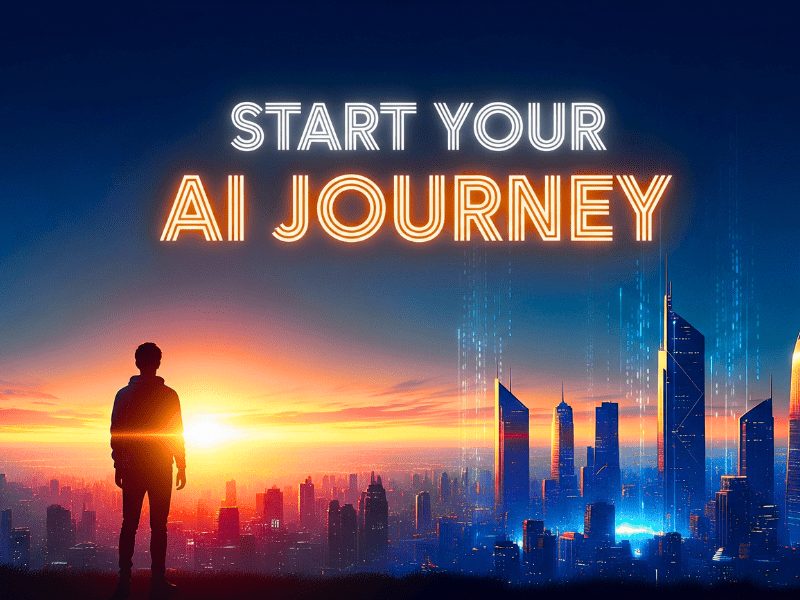 Motivational prompt AI course journey with futuristic cityscape