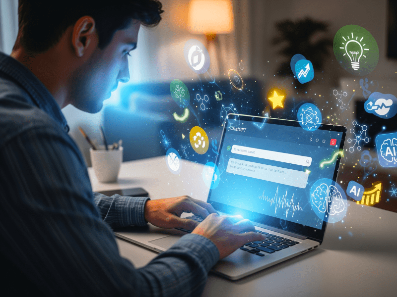 Person typing AI Prompt Writing Course prompt on laptop with glowing icons representing creativity and success.