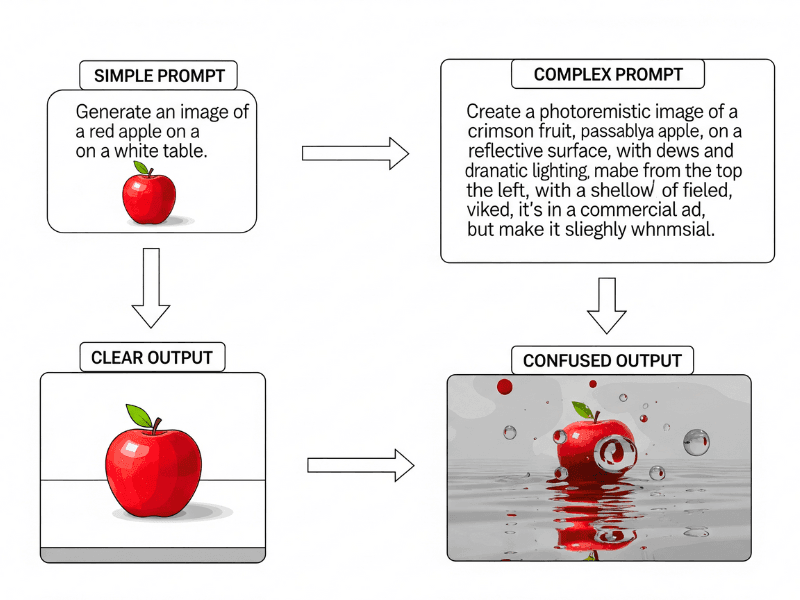 Prompting AI Course comparison of simple vs complex prompts with clear and confused outputs.