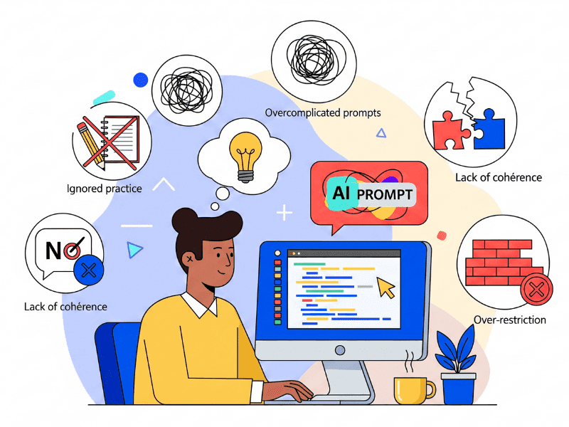 Prompting AI Course illustration of a person with AI prompt mistakes like overcomplicated prompts and ignored practice.
