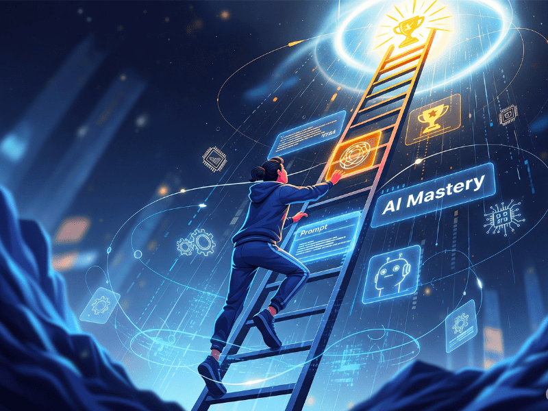 Prompting AI Course motivational image of person climbing to AI mastery.