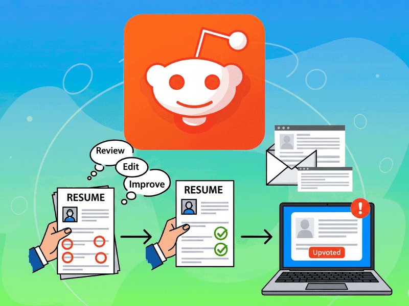Reddit upvote icon over a resume feedback loop graphic, representing engagement strategies from the resume building Reddit community