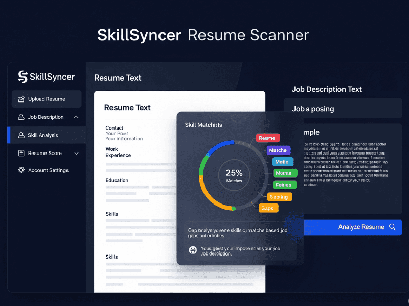 SkillSyncer resume scanning tool comparing resume to job description with keyword match percentage.