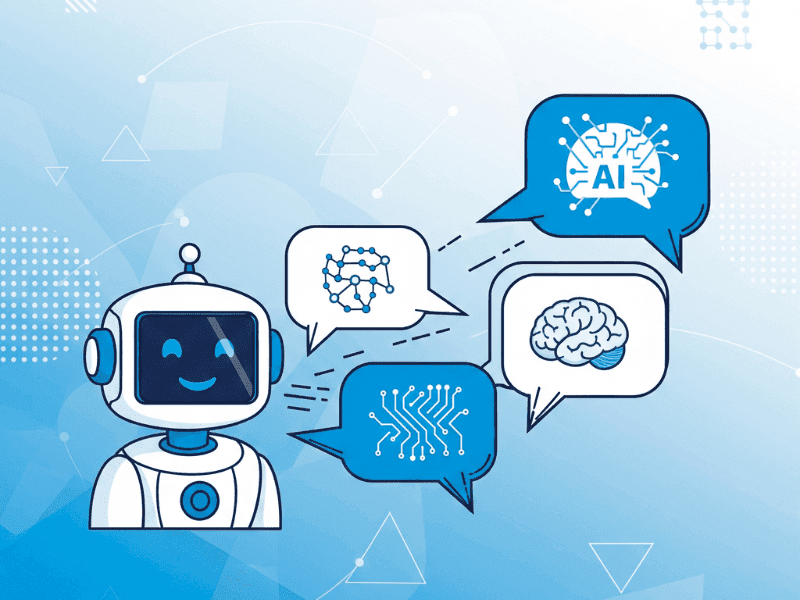 Smiling AI robot interacting through speech bubbles containing icons of neural networks, brain, microchips, and artificial intelligence, symbolizing natural language processing skills.