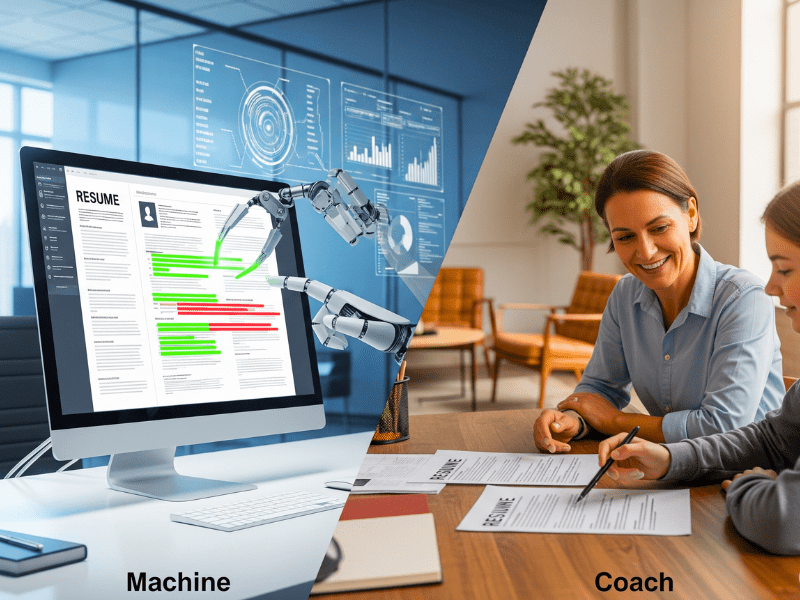 Split image showing resume checker AI free tool on computer with robotic arms editing a resume versus a human coach reviewing resumes manually with a job seeker