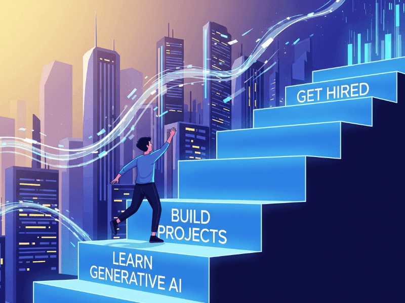 Step-by-step journey from learning the best courses on generative AI to building projects and getting hired, set against a futuristic city backdrop.