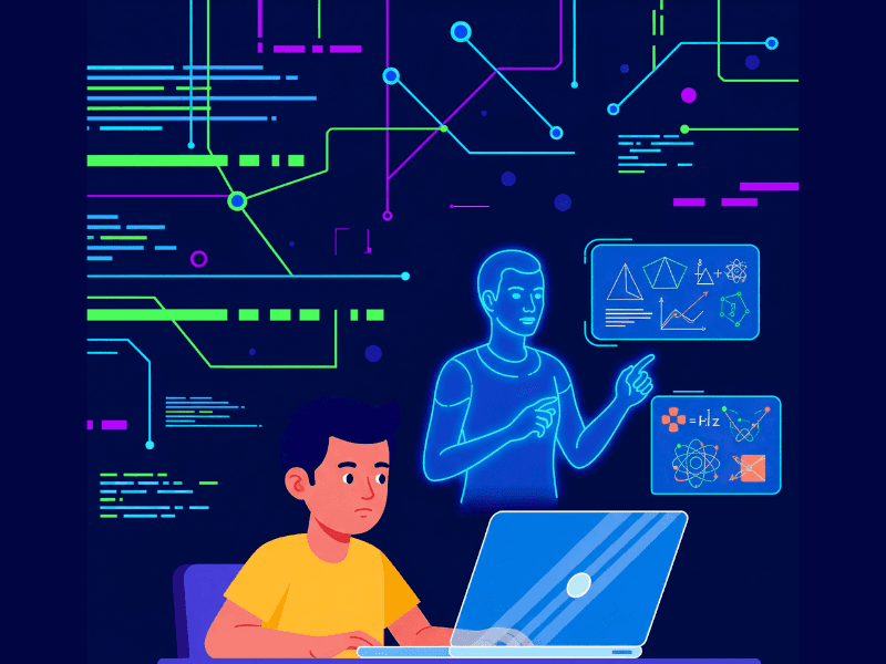 Student learning AI online with holographic tutor and data visualizations, representing AI Courses Online Free