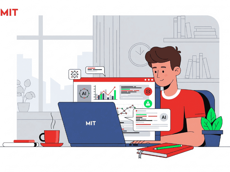 Student learning MIT AI course online on laptop with artificial intelligence charts and icons in background