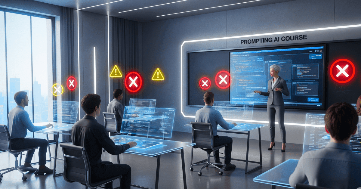 Students in a futuristic digital classroom learning a Prompting AI Course with glowing mistake warning icons on screen, showing common errors to avoid.
