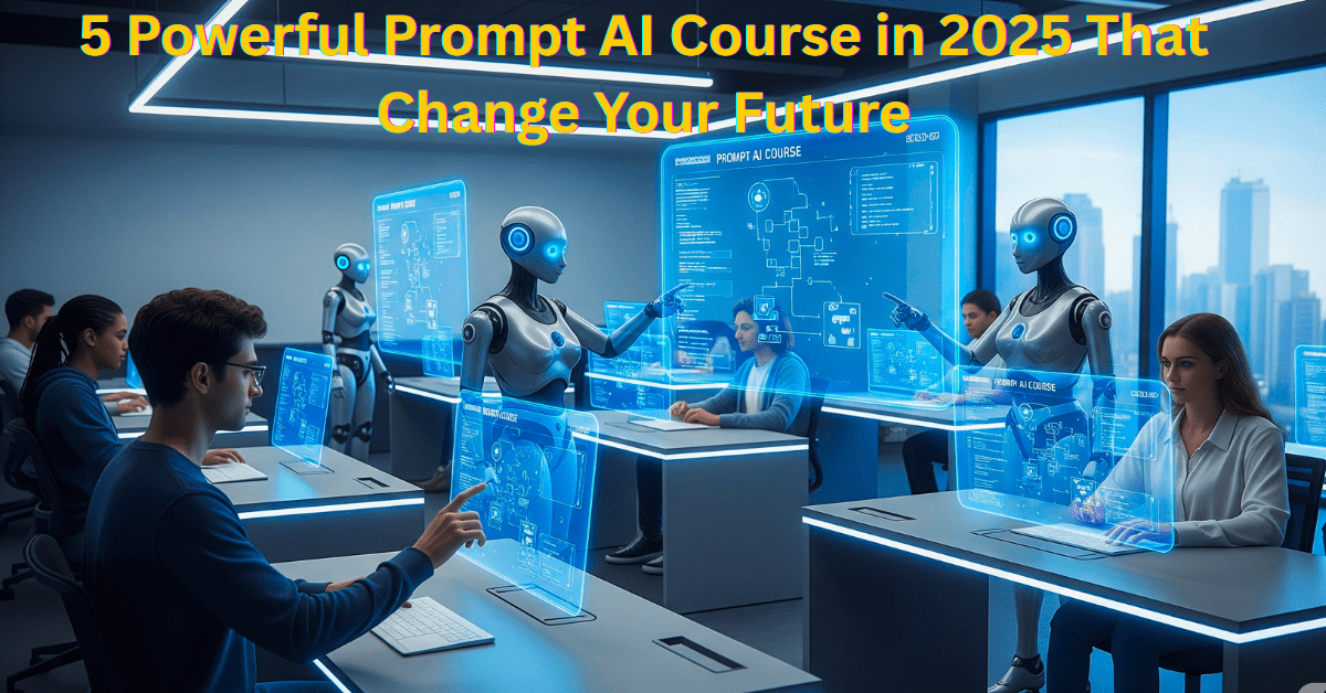 Students learning prompt AI course in a futuristic 2025 classroom with holographic screens and AI robots, modern tech environment, 1920x1080 image.