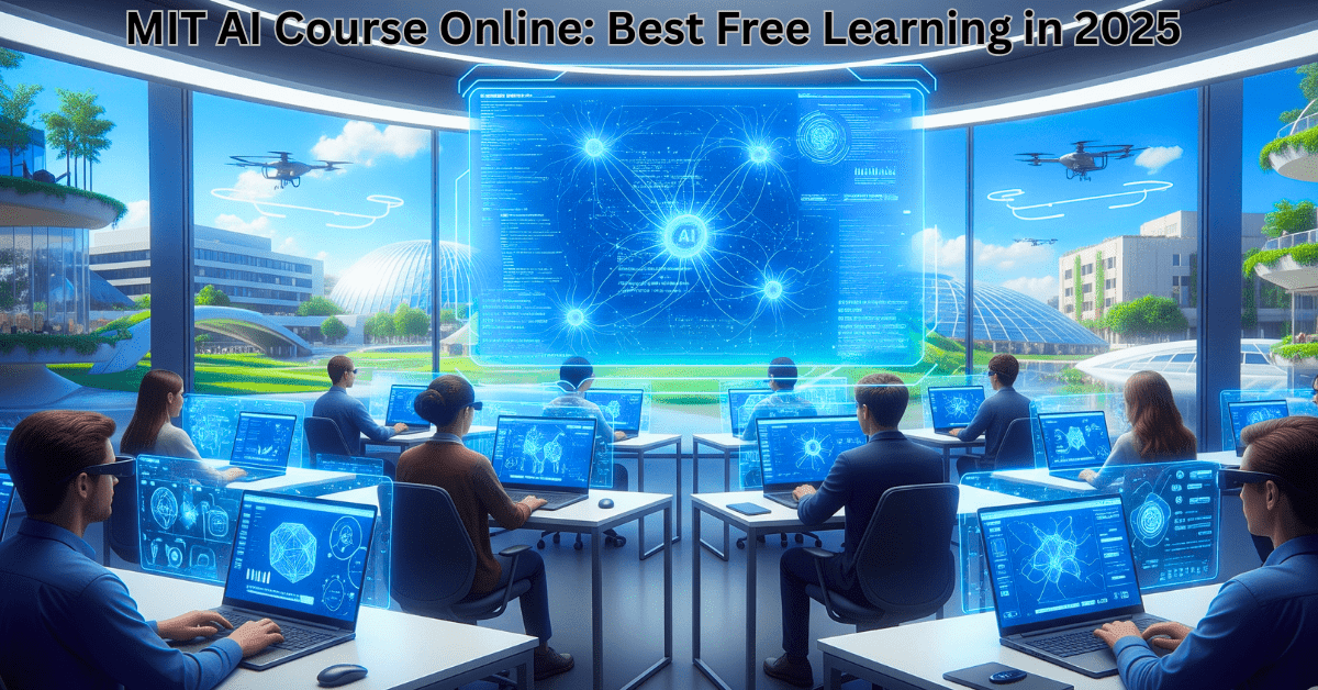 Students learning through MIT AI course online in a futuristic digital classroom with holographic screens and modern laptops, representing free AI education in 2025.