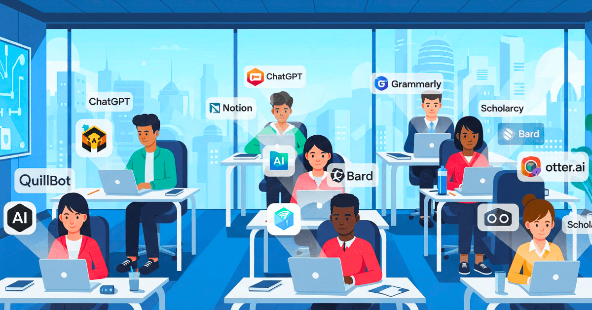 7 Best AI Tools for Students Free You Can’t Ignore in 2025 1 Students using free AI tools like ChatGPT, Grammarly, Notion, QuillBot, Bard, Otter.ai, and Scholarcy in 2025