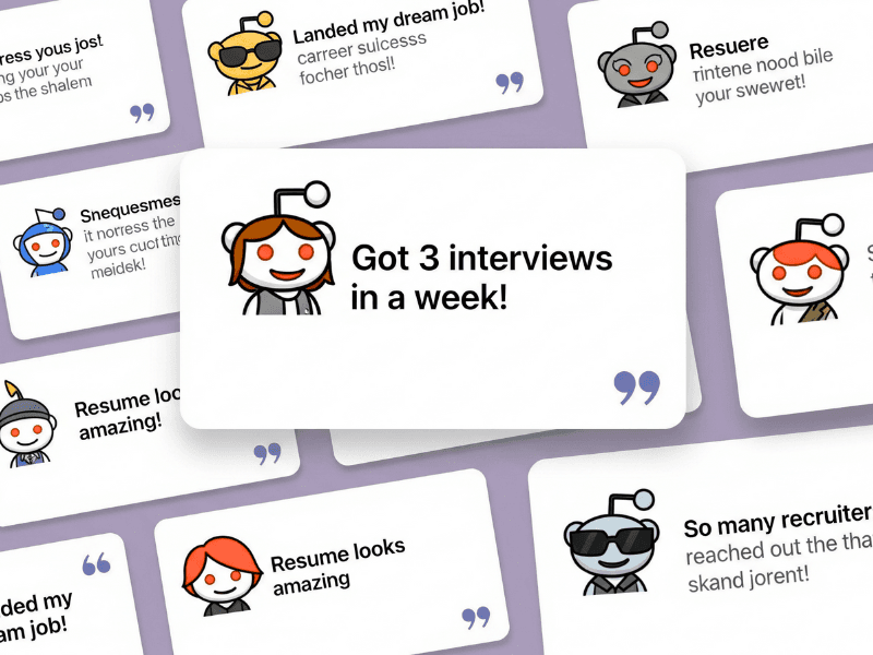 Testimonial-style Reddit user quotes praising resume tips that improved interview chances, showcasing real success stories from resume building Reddit community