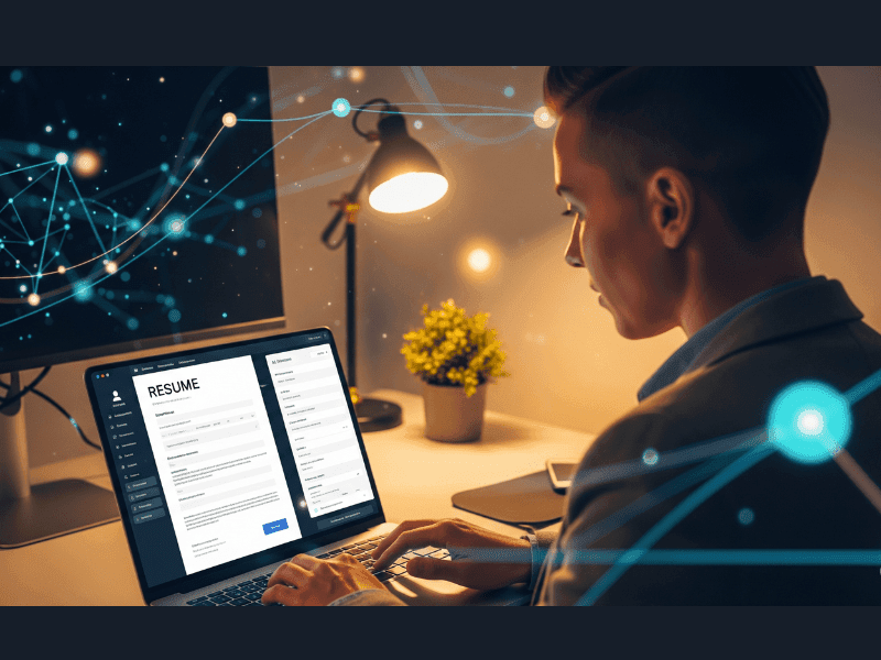Job seeker using the best free resume builder AI on a laptop to create a professional resume in a modern workspace, representing AI-powered job application tools.