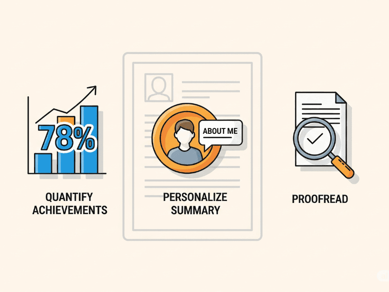 Illustration showing tips to improve resume with AI tools – quantify achievements, personalize summary, and proofread – key elements in the best free resume builder AI process.