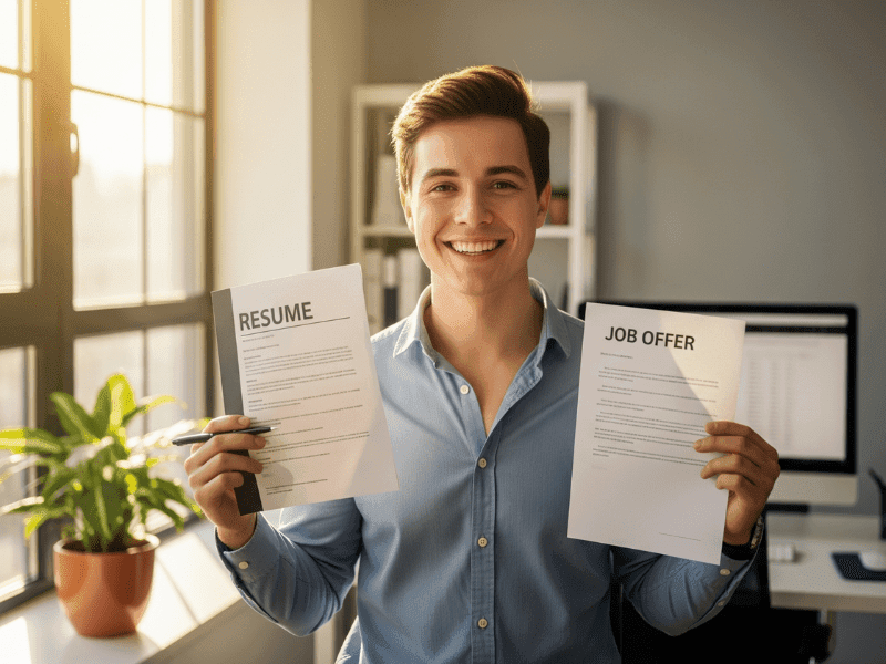 Happy job seeker holding a resume and job offer letter, representing the success of using the best free resume builder AI for job applications.