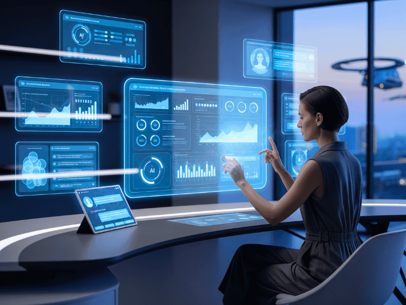 Futuristic workspace with AI dashboards – AI tools for product managers enhancing productivity and decision-making