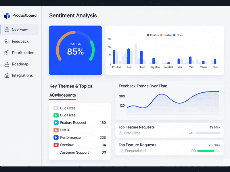 Productboard dashboard showing AI-driven sentiment analysis and product feedback for smarter product management