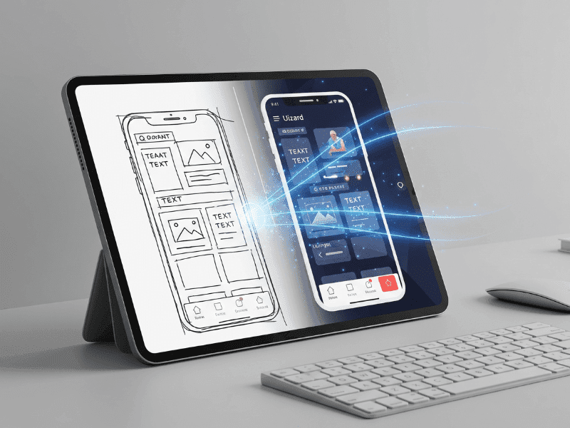 Tablet screen showing AI converting hand-drawn mobile app wireframes into digital UI using Uizard, ideal for product managers and UX designers