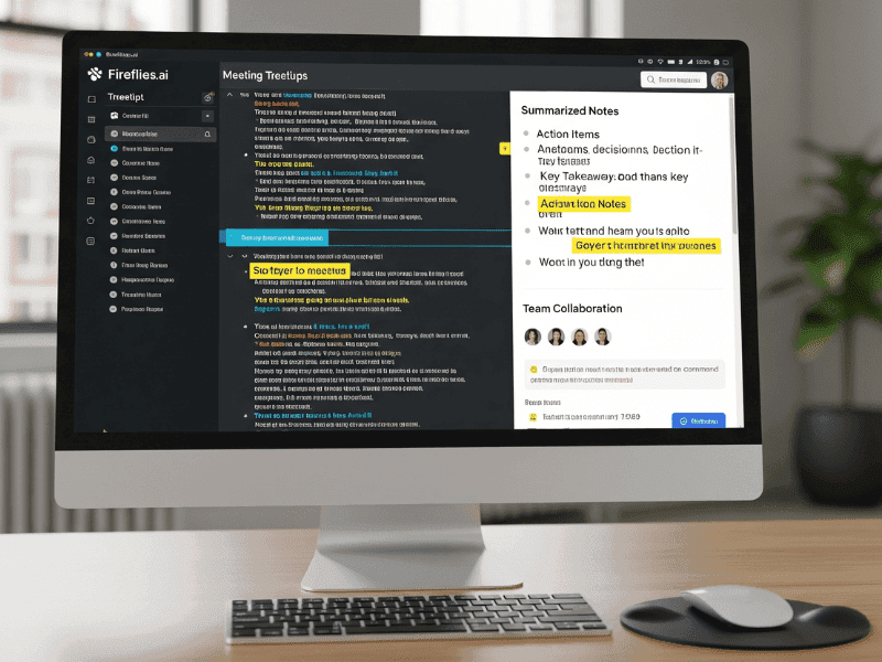 A Fireflies.ai meeting assistant interface on a monitor, showing AI-generated summarized notes and a full meeting transcript.