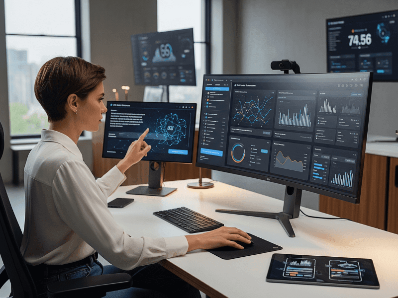 A modern product manager using multiple screens in a clean workspace, interacting with AI tools and digital dashboards.