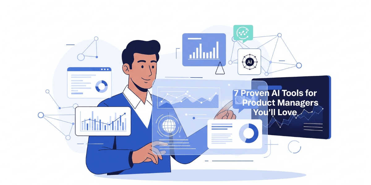 Illustration of a product manager using AI tools to improve productivity and decision-making — blog image for 7 Proven AI Tools for Product Managers”