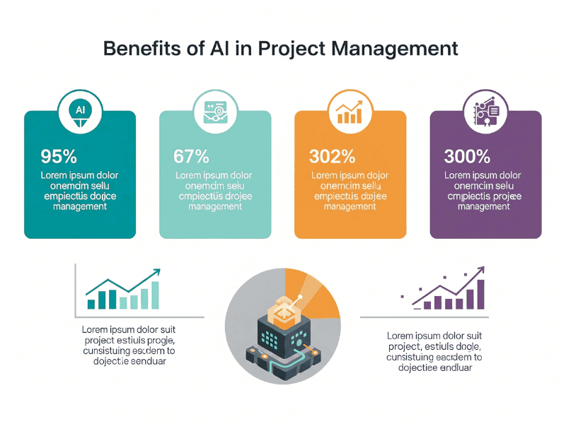 Infographic showing key benefits of AI in project management with percentage improvements.