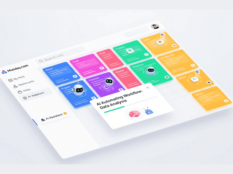 AI assistant generating project task lists with status indicators in a colorful project dashboard.