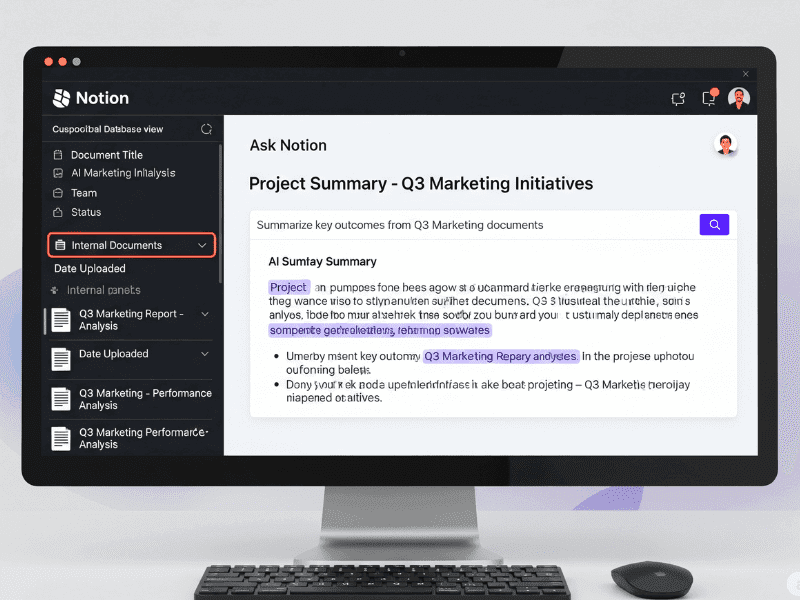 Best AI for project management shown in a Notion workspace with AI assistant generating project summaries and managing databases.