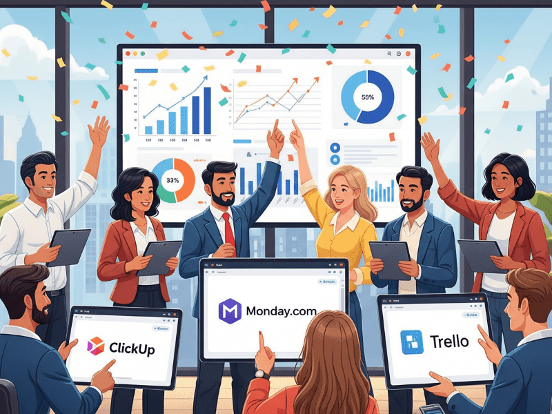 Team celebrating successful project completion using the best AI for project management tools like ClickUp and Monday.com