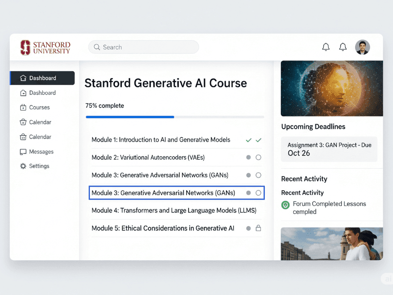 Stanford Generative AI Course dashboard showing module progress including GANs, VAEs, and Transformers, highlighting course structure and topics.
