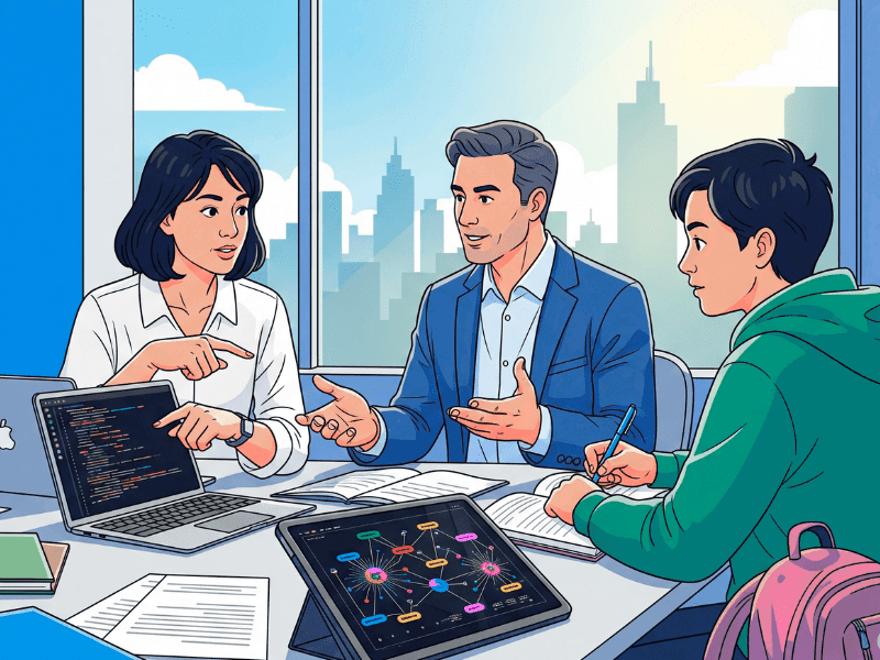 Illustration of diverse learners including a developer, business leader, and student discussing generative AI concepts from the Stanford Generative AI Course