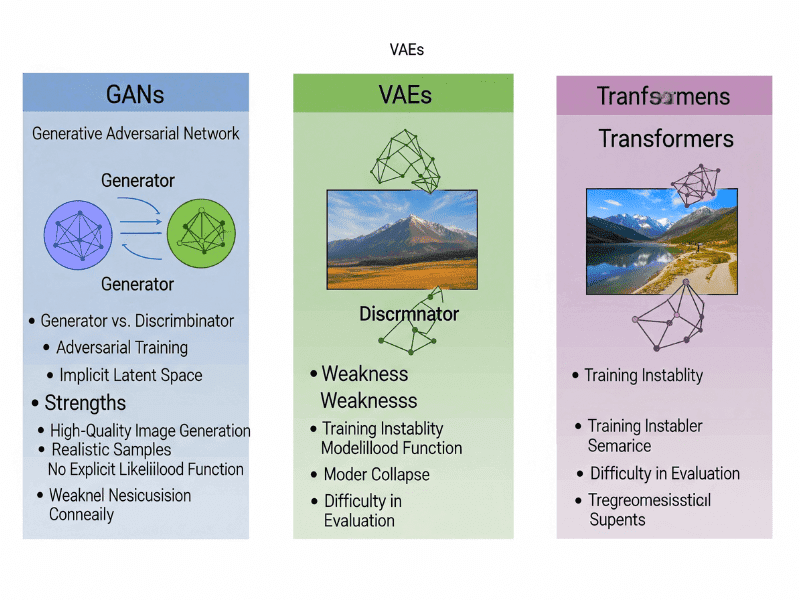 Infographic comparing GANs, VAEs, and Transformers, highlighting strengths, weaknesses, and training features taught in the Stanford Generative AI Course.