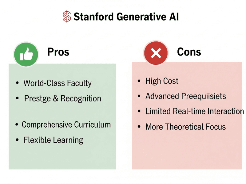 Pros and cons of Stanford Generative AI Course showing benefits like world-class faculty and flexible learning, and drawbacks such as high cost and advanced prerequisites.