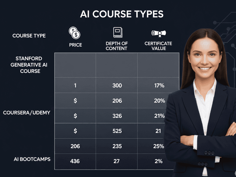 Comparison chart of AI course types including Stanford Generative AI, Coursera, Udemy, and AI Bootcamps, showing differences in price, content depth, and certificate value.