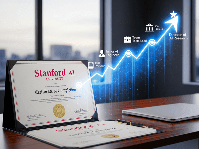 Stanford AI certificate of completion on desk with career growth chart illustrating AI roles from Junior Engineer to Director of AI Research.