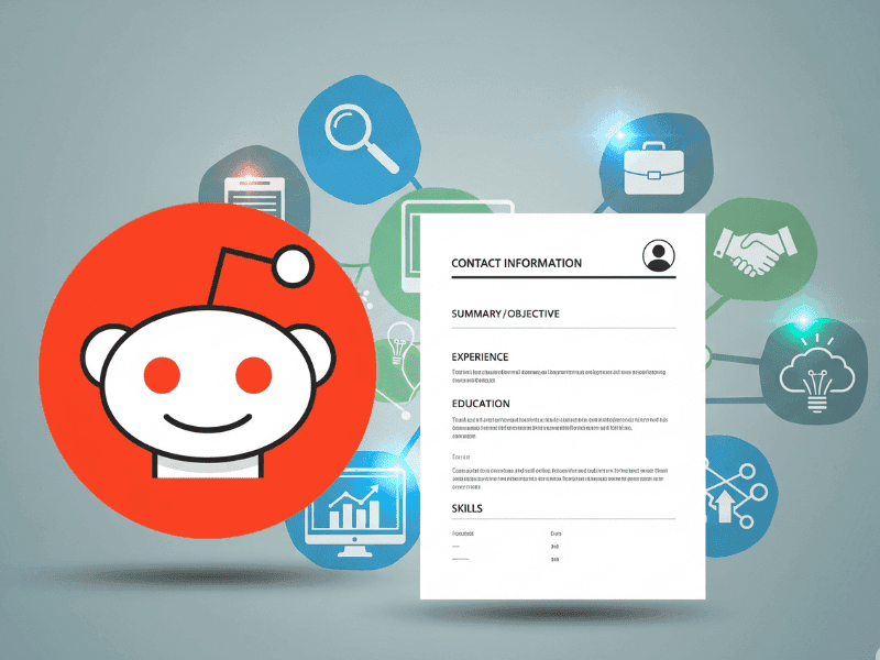 Reddit logo next to a professional resume document with digital job search icons in background, representing resume building Reddit strategies in 2025