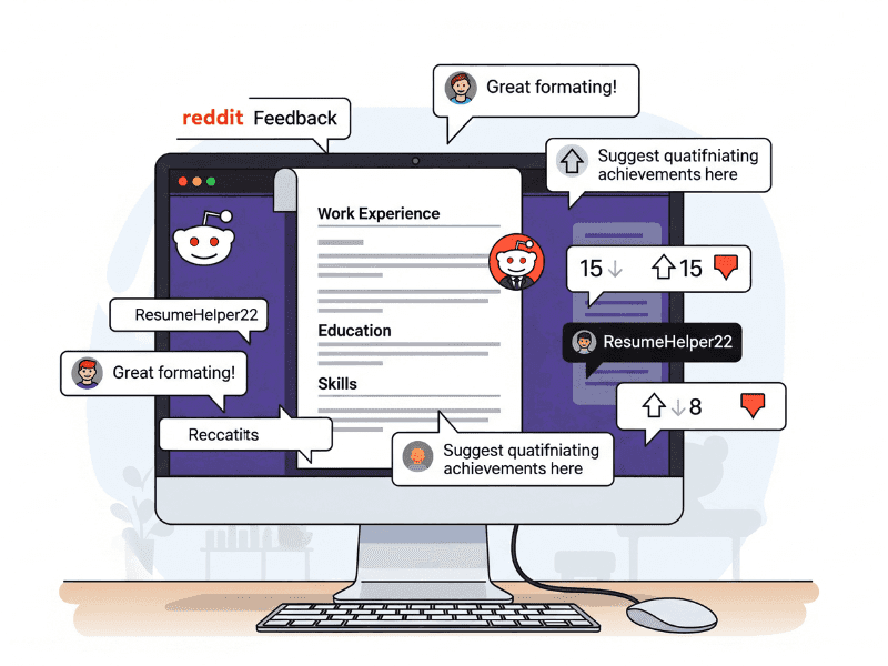 Illustration of Reddit users giving resume feedback on a computer screen, highlighting community-driven resume building Reddit insights in 2025