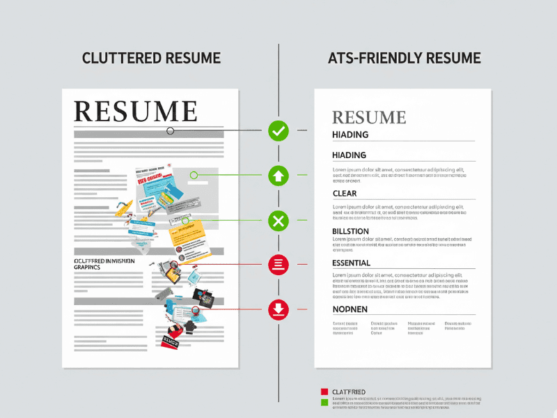 Side-by-side comparison of cluttered resume and ATS-friendly resume showing formatting tips, reflecting resume building Reddit best practices in 2025