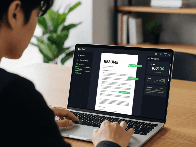 User optimizing resume using Rezi resume checker AI free tool with real-time scoring and keyword suggestions on laptop screen