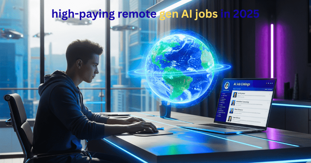 Young professional working remotely on gen ai jobs in 2025, futuristic home office with laptop and holographic globe, modern minimalistic design.