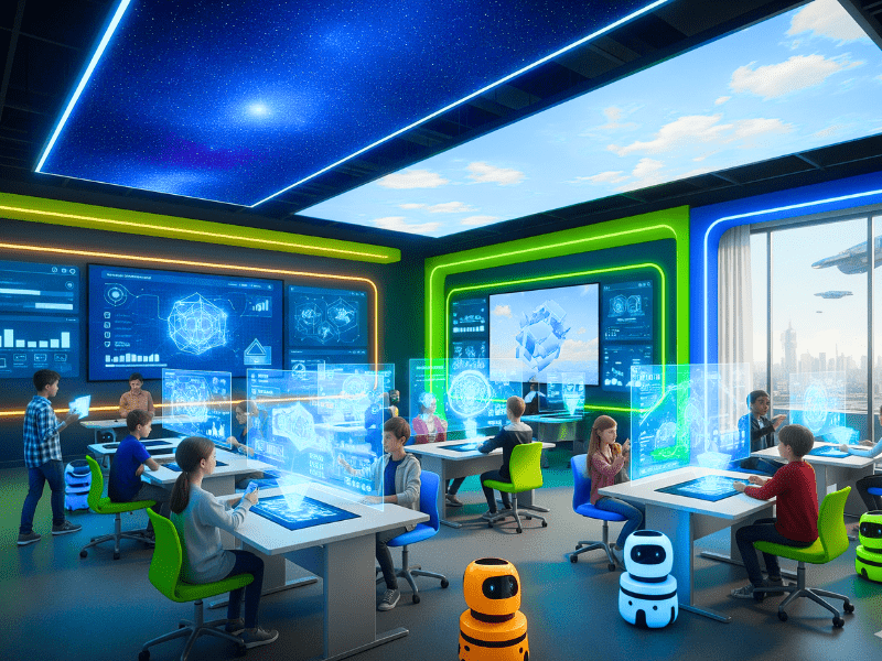 Futuristic AI classroom with students using holographic study tools, focus on education technology 2025