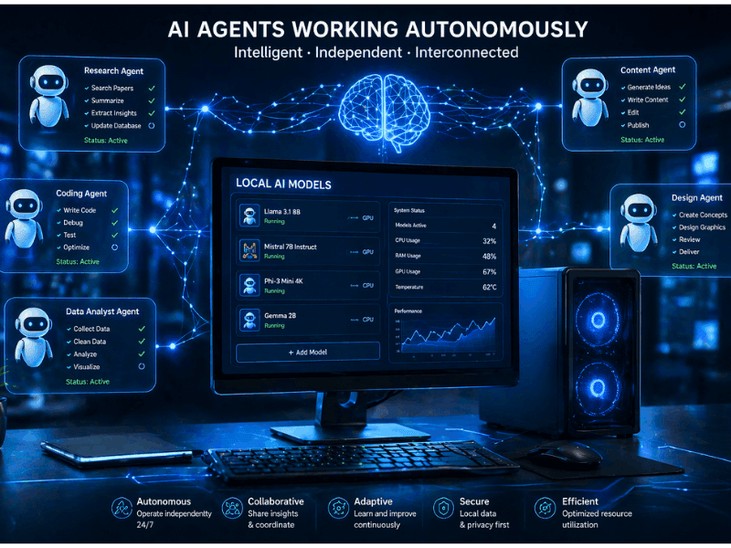 AI Courses Online Free showing advanced AI agents and local AI models automation with connected workflows./