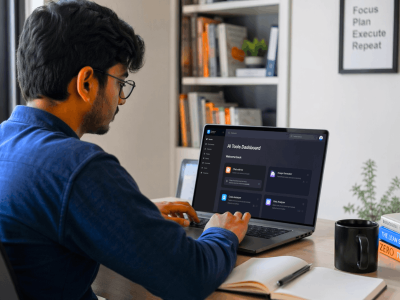 AI Courses Online Free beginner learning AI tools on laptop at home.