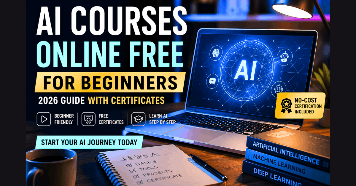 AI Courses Online Free for Beginners 2026 guide with certificates, realistic modern workspace showing AI learning on laptop screen.