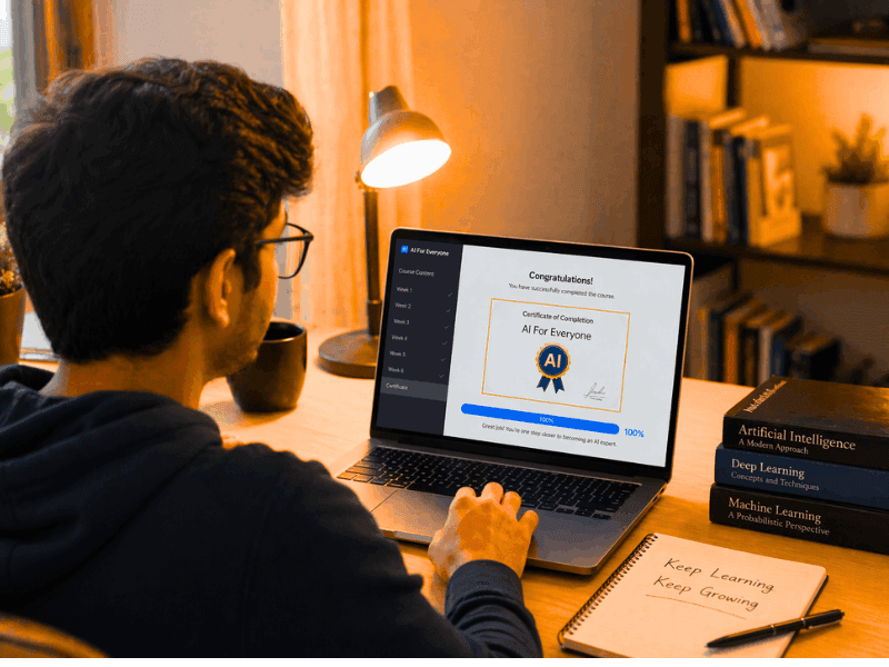 AI Courses Online Free certificate completion shown on laptop after finishing an AI course./