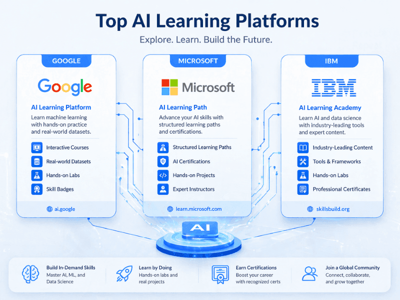 AI Courses Online Free platforms comparison showing Google, Microsoft, and IBM AI learning platforms..