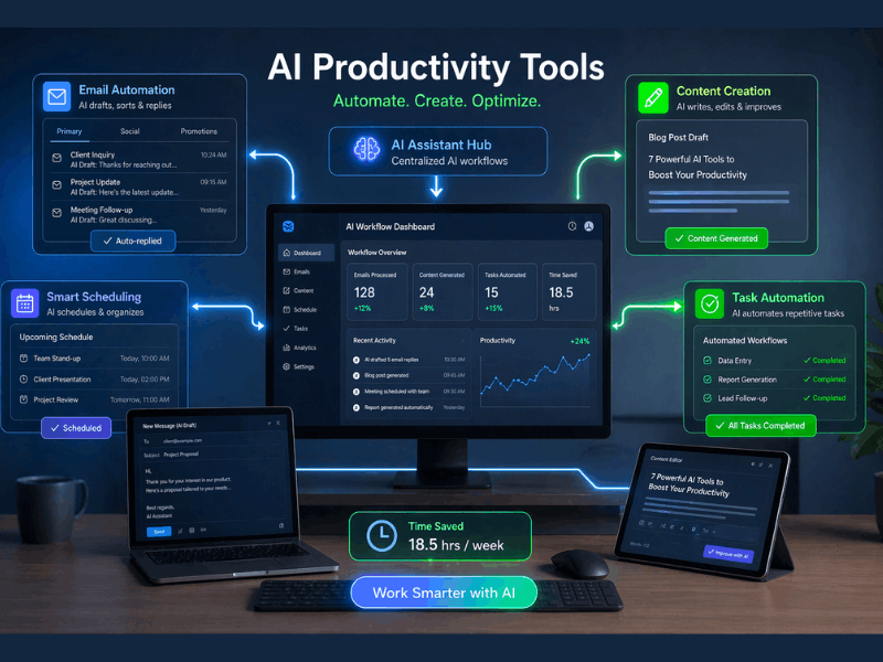 AI Courses Online Free showing AI productivity tools automating tasks like emails, content creation, and workflow management.